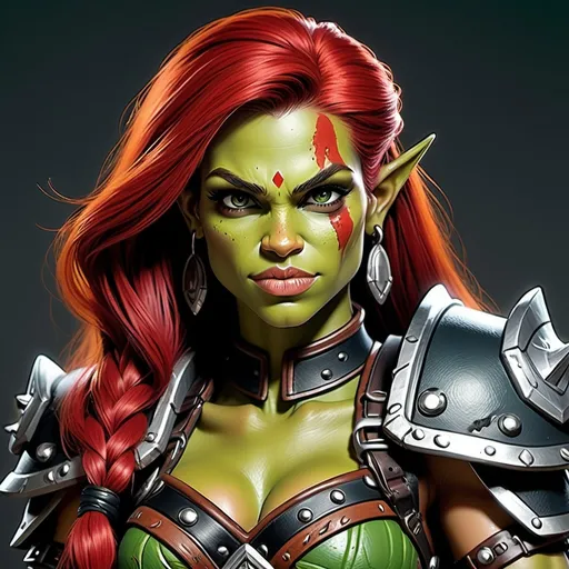 Prompt: Detailed DnD fantasy art of a cute pretty heroic female dnd half orc barbarian, lovely facial traits, green skin, red hair, boar teeth, detailed visible tusks, traditional detailed painting, intricate small black leather armor, detailed black belts, dramatic lighting, vibrant colors, high quality, game-rpg style, epic fantasy, traditional art, detailed dark leather armor, dramatic lighting, heroic barbarian, fascinating dry muscles, large biceps, strong underarms, low body fat, vibrant colors, high quality details, impressive warhammer in the hand