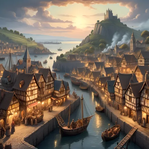 Prompt: Medieval fantasy landscape with bustling village, detailed architecture and cobblestone streets, lively townsfolk in period clothing, merchant ships docked, majestic castle on a hill, mystical fantasy lighting, high quality, detailed medieval architecture, bustling harbor, lively townsfolk, fantasy landscape, mystical lighting