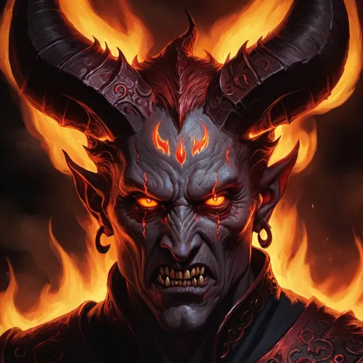 Prompt: Detailed digital painting of Demon Mizora in Baldur's Gate 3, fiery and ominous atmosphere, high quality, digital painting, menacing demonic features, glowing eyes, intense expression, swirling flames, dark and foreboding color tones, intricate horns, fiery backdrop, dramatic lighting