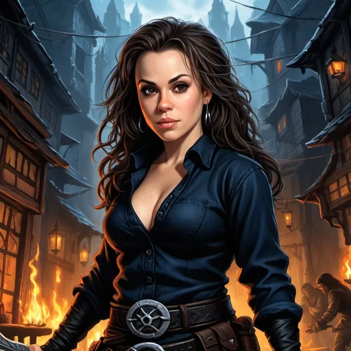 Prompt: Alyssa Milano, Detailed DnD fantasy art of a young heroic female dnd Halfling Rogue, many thick long tousled dark brown hair, traditional detailed painting, intricate small black satin vest,  detailed black belts, dramatic lighting, vibrant colors, high quality, game-rpg style, epic high fantasy, traditional art, detailed black fabric armor, dramatic dark lighting, heroic rogue, fascinating, dark vibrant colors, high quality details, 
high quality detailed medivial urban background