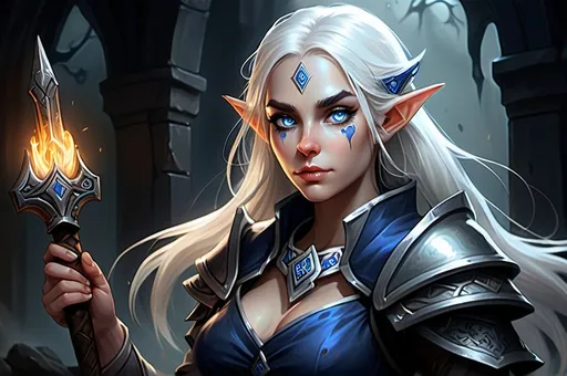 Prompt: Detailed DnD fantasy art of a pretty heroic female elven Selune cleric  cute facial traits, blue eyes, thick long tousled white hair, little cleavage, traditional detailed oil painting, intricate detailed small darkblue plate mail, darkblue-silver shield with Selune symbol, detailed black belts, dramatic lighting, dark vibrant colors, high quality, game-rpg style, epic high fantasy, traditional art, dramatic dark lighting, heroic cleric, fascinating, high quality details, battlehammer in the hand, in a murky battlefield background surrounded by undeads, atmospheric lighting, highres, fantasy,  immersive, murky tones, medieval, mysterious, foggy, moody atmosphere, undead walking around