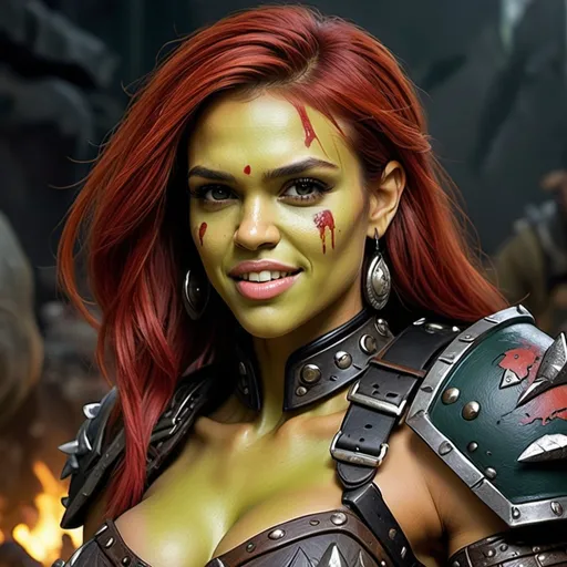 Prompt: Jessica Alba as adult female Orc, Detailed DnD fantasy art of a heroic female wild orc barbarian, lovely facial traits, green skin, red hair, detailed outstanding visible boar teeth at the mouth, detailed outstanding visible tusks at the mouth, traditional detailed painting, intricate small black leather armor, detailed black belts, dramatic lighting, dark vibrant colors, high quality, game-rpg style, epic fantasy, traditional art, detailed dark leather armor, dramatic lighting, heroic strong barbarian, fascinating dry muscles, large biceps, strong underarms, low body fat, vibrant colors, high quality details, impressive warhammer