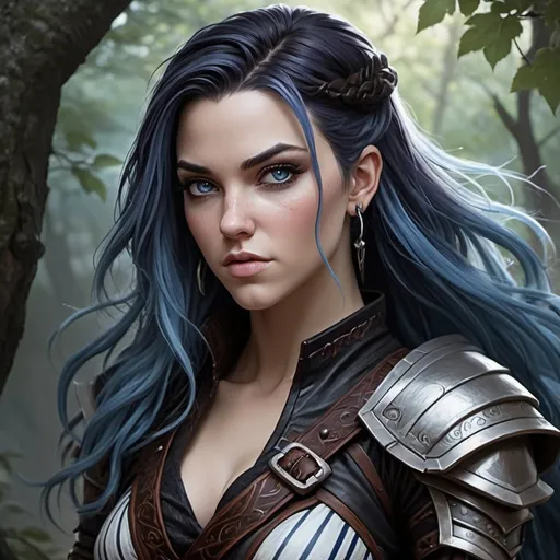 Prompt: Alissa White-Gluz, Detailed DnD fantasy art of a heroic female DnD Air Genasi Ranger, lovely pretty facial traits, Darkblue haircolour, lightblue grey teint, blue stripes at the skin, blue eyes, traditional detailed painting, intricate small black leather armor, black tunic, detailed black belts, dramatic lighting, vibrant colors, high quality, game-rpg style, epic fantasy, traditional art, detailed leather armor, dramatic lighting, heroic ranger, fascinating, vibrant dark colors, high quality details, scimitars in belt, 