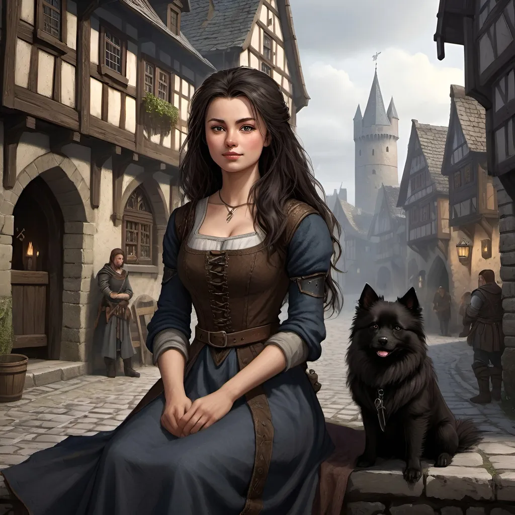 Prompt: Detailed DND halfing waife in medieval city landscape, darkbrown hair, rugged clothes, German black spitz sitting beside, murky lighting, medieval streets, medieval buildings, many inhabitants in background, high quality, detailed, medieval, fantasy, detailed hair, traditional, atmospheric lighting, detailed scenery