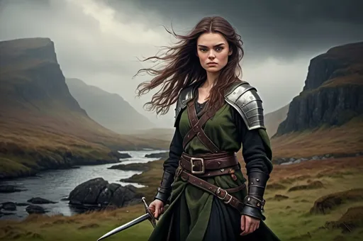 Prompt: Background in dramatic Scottish Highlands, dark vibrant colors, high quality, game-rpg style, epic high fantasy, traditional art, dramatic dark lighting, heroic fighter, fascinating, high quality details, atmospheric lighting, highres, fantasy,  immersive, murky tones, medieval, mysterious, foggy, moody atmosphere, broken Scottish Flag in the background, Detailed DnD fantasy art of Sophie Skelton a cute heroic female fighter in the landscape, green eyes, thick long tousled darkbrown hair, traditional detailed oil painting, low body fat, intricate detailed typical Scottish mens clothes, detailed black belts