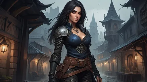 Prompt: DnD fantasy landscape with a murky city, detailed houses and taverns, atmospheric lighting, highres, fantasy, detailed architecture, immersive, murky tones, medieval, mysterious, foggy, bustling city, detailed alleys, ancient buildings, moody atmosphere, with a Detailed DnD fantasy art of a pretty heroic female dnd Rogue, Amita Suman facial twin, bonnie facial traits, Amita Suman body twin, black eyes, thick long tousled black hair, little cleavage, traditional detailed oil painting, intricate small darkblue in black leather armor,  detailed black belts, dramatic lighting, dark vibrant colors, high quality, game-rpg style, epic high fantasy, traditional art, detailed black leather armor, dramatic dark lighting, heroic rogue, fascinating, high quality details, Rapier in the hand, murky urban arabic background