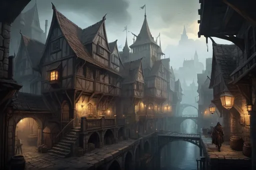 Prompt: Huge very detailed DnD fantasy landscape with a murky city, detailed houses and taverns, atmospheric lighting, highres, fantasy, detailed architecture, immersive, murky tones, medieval, mysterious, foggy, bustling city, detailed alleys, ancient buildings, moody atmosphere, with a small Detailed DnD fantasy art of a pretty heroic female dnd Rogue