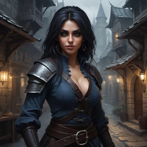 Prompt: DnD fantasy landscape with a murky city, detailed houses and taverns, atmospheric lighting, highres, fantasy, detailed architecture, immersive, murky tones, medieval, mysterious, foggy, bustling city, detailed alleys, ancient buildings, moody atmosphere, with a Detailed DnD fantasy art of a pretty heroic female dnd Rogue, Amita Suman facial twin, bonnie facial traits, Amita Suman body twin, black eyes, thick long tousled black hair, little cleavage, traditional detailed oil painting, intricate small darkblue in black leather armor,  detailed black belts, dramatic lighting, dark vibrant colors, high quality, game-rpg style, epic high fantasy, traditional art, detailed black leather armor, dramatic dark lighting, heroic rogue, fascinating, high quality details, Rapier in the hand, murky urban arabic background