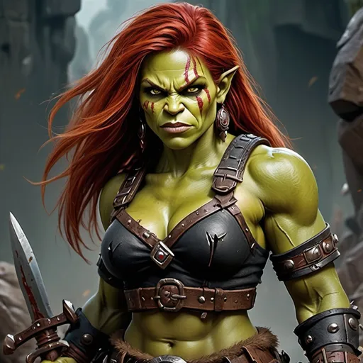 Prompt: Meg Ryan as female Orc, Detailed DnD fantasy art of a heroic female half orc barbarian, lovely facial traits, green skin, red hair, detailed outstanding visible boar teeth at the mouth, detailed outstanding visible tusks at the mouth, traditional detailed painting, intricate small black leather armor, detailed black belts, dramatic lighting, vibrant colors, high quality, game-rpg style, epic fantasy, traditional art, detailed dark leather armor, dramatic lighting, heroic barbarian, fascinating dry muscles, large biceps, strong underarms, low body fat, vibrant colors, high quality details, impressive warhammer in the hand