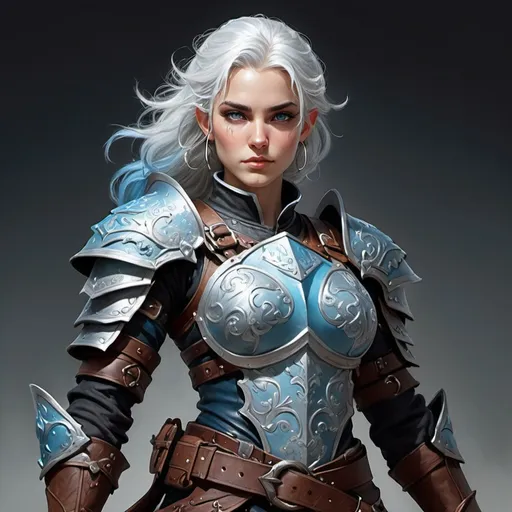 Prompt: Detailed DnD whole body fantasy art of a pretty heroic female dnd Air Genasi Ranger, lovely facial traits, many blue in white hair, lightblue grey teint, lightblue grey skin, traditional detailed painting, intricate small 
dark leather armor, black shirt, detailed black belts, dramatic lighting, vibrant colors, high quality, game-rpg style, epic fantasy, traditional art, detailed leather armor, dramatic lighting, heroic ranger, fascinating, vibrant colors, high quality details, scimitars in belt