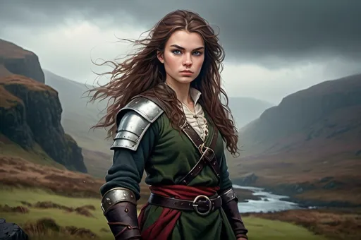 Prompt: Background in dramatic Scottish Highlands, dark vibrant colors, high quality, game-rpg style, epic high fantasy, traditional art, dramatic dark lighting, heroic fighter, fascinating, high quality details, atmospheric lighting, highres, fantasy,  immersive, murky tones, medieval, mysterious, foggy, moody atmosphere, broken Scottish Flag in the background, Sophie Skelton, Detailed DnD fantasy art of a cute heroic female fighter in the landscape, green eyes, thick long tousled darkbrown hair, traditional detailed oil painting, low body fat, intricate detailed typical Scottish mens clothes, detailed black belts