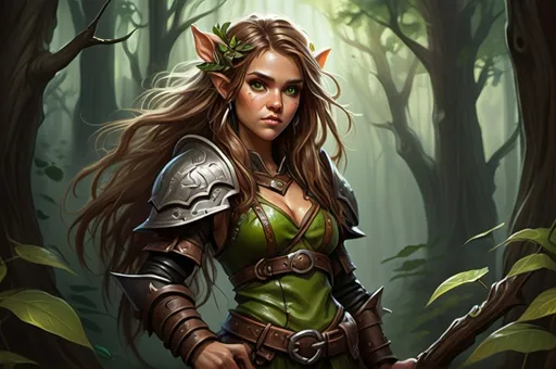 Prompt: Detailed DnD fantasy art of a pretty heroic female wood gnome druid, Jessica Alba facial twin, cute facial traits, green eyes, thick long tousled syringa hair, little cleavage, traditional detailed oil painting, intricate small brown leather armor, detailed black belts, dramatic lighting, dark vibrant colors, high quality, game-rpg style, epic high fantasy, traditional art, detailed brown leather armor, dramatic dark lighting, heroic druid, fascinating, high quality details, wandering staff in the hand, in a murky forest background in a DnD fantasy landscape with detailed plants and trees, atmospheric lighting, highres, fantasy,  immersive, murky tones, medieval, mysterious, foggy, moody atmosphere, little birds flying around, dragonflies and butterflies flying around