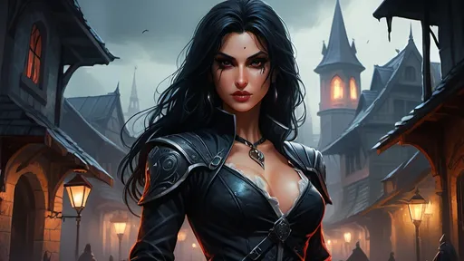Prompt: Detailed DnD fantasy art of a pretty heroic female dnd Assassin, Amita Suman facial twin urgent, stunning facial traits, Amita Suman slender body twin, black eyes, thick long tousled black hair, small cleavage, slender body, traditional detailed oil painting, intricate small black in black leather armor,  detailed black belts, dramatic lighting, dark vibrant colors, high quality, game-rpg style, epic high fantasy, traditional art, detailed black leather armor, dramatic dark lighting, heroic assassin, fascinating, high quality details, Dagger in the hand in  a Huge very detailed DnD fantasy landscape with a murky city, detailed houses and taverns, atmospheric lighting, highres, fantasy, detailed architecture, immersive, murky tones, medieval, mysterious, foggy, bustling city, detailed alleys, ancient buildings, moody atmosphere, with a small 