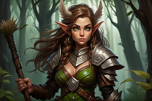 Prompt: Detailed DnD fantasy art of a pretty heroic female wood gnome druid, Aishwarya Rai facial twin, cute facial traits, green eyes, thick long tousled syringa hair, little cleavage, traditional detailed oil painting, intricate small brown leather armor, detailed black belts, dramatic lighting, dark vibrant colors, high quality, game-rpg style, epic high fantasy, traditional art, detailed brown leather armor, dramatic dark lighting, heroic druid, fascinating, high quality details, wandering staff in the hand, in a murky forest background in a DnD fantasy landscape with detailed plants and trees, atmospheric lighting, highres, fantasy,  immersive, murky tones, medieval, mysterious, foggy, moody atmosphere, little birds flying around, dragonflies and butterflies flying around