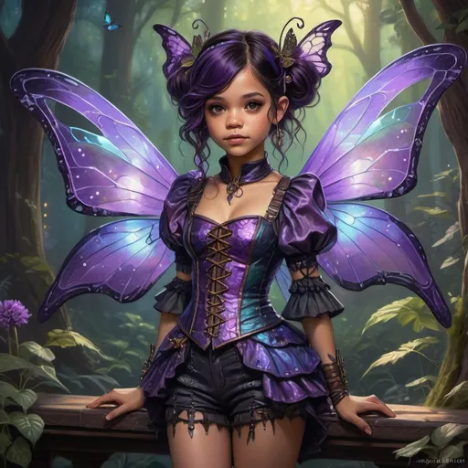 Prompt: Jenna Ortega, Detailed, full body high-quality painting of a Dnd fairy, intricate dragonflywings with dark shimmering colors, cute facial traits, purple hair, detailed victorian murky steampunk outfit, magical forest setting, ethereal darkglowing aura, whimsical and enchanting, fantasy, fantastical, dark vibrant colors, gloomy and warm lighting, artificier outfit, butterflies