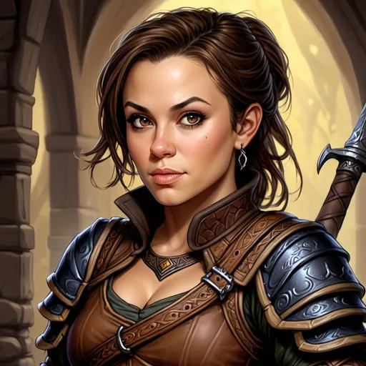 Prompt: Alyssa Milano, Detailed DnD fantasy art of a pretty heroic female dnd Halfling Rogue, lovely facial traits, dark brown hair,  traditional detailed painting, intricate small brown leather armor,  detailed black belts, dramatic lighting, vibrant colors, high quality, game-rpg style, epic fantasy, traditional art, detailed leather armor, dramatic lighting, heroic rogue, fascinating, vibrant colors, high quality details, Rapier