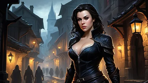 Prompt: Detailed DnD fantasy art of a pretty heroic female dnd Assassin, Alyssa Milano facial twin urgent, stunning facial traits, Alyssa Milano slender body twin, black eyes, thick long tousled black hair, small cleavage, slender body, traditional detailed oil painting, intricate small black in black leather armor,  detailed black belts, dramatic lighting, dark vibrant colors, high quality, game-rpg style, epic high fantasy, traditional art, detailed black leather armor, dramatic dark lighting, heroic assassin, fascinating, high quality details, Dagger in the hand in  a Huge very detailed DnD fantasy landscape with a murky city, detailed houses and taverns, atmospheric lighting, highres, fantasy, detailed architecture, immersive, murky tones, medieval, mysterious, foggy, bustling city, detailed alleys, ancient buildings, moody atmosphere