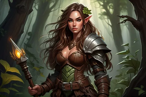 Prompt: Detailed DnD fantasy art of a pretty heroic female wood gnome druid, Megan Fox facial twin, cute facial traits, green eyes, thick long tousled syringa hair, little cleavage, traditional detailed oil painting, intricate small brown leather armor, detailed black belts, dramatic lighting, dark vibrant colors, high quality, game-rpg style, epic high fantasy, traditional art, detailed brown leather armor, dramatic dark lighting, heroic druid, fascinating, high quality details, wandering staff in the hand, in a murky forest background in a DnD fantasy landscape with detailed plants and trees, atmospheric lighting, highres, fantasy,  immersive, murky tones, medieval, mysterious, foggy, moody atmosphere, little birds flying around, dragonflies and butterflies flying around