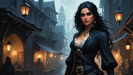 Prompt: Detailed DnD fantasy art of a pretty heroic female dnd Pirate, needs only 10% space of the picture, Amita Suman facial twin urgent, stunning facial traits, Amita Suman slender body twin, black eyes, thick long tousled blackblue hair, small cleavage, slender body, traditional detailed oil painting, detailed intricate small black in black leather armor,  detailed intricate small black in black fabric clothes, detailed black belts, dramatic lighting, dark vibrant colors, high quality, game-rpg style, epic high fantasy, traditional art, dramatic dark lighting, heroic pirate, fascinating, high quality details, Dagger in the hand in a Huge very detailed DnD fantasy landscape with a murky city, detailed houses and taverns, atmospheric lighting, highres, fantasy, detailed architecture, immersive, murky tones, medieval, mysterious, foggy, bustling city, detailed alleys, ancient buildings, moody atmosphere