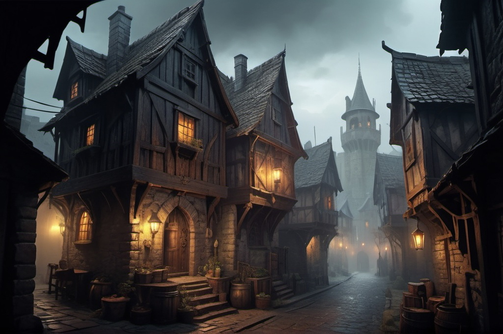 Prompt: Huge very detailed DnD fantasy landscape with a murky city, detailed houses and taverns, atmospheric lighting, highres, fantasy, detailed architecture, immersive, murky tones, medieval, mysterious, foggy, bustling city, detailed alleys, ancient buildings, moody atmosphere, a dnd female Dnd Rogue lungering around a house corner with a dagger in her hand