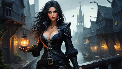 Prompt: Detailed DnD fantasy art of a pretty heroic female dnd Pirate, needs only 10% space of the picture, Amita Suman facial twin urgent, stunning facial traits, Amita Suman slender body twin, black eyes, thick long tousled darkblonde hair, small cleavage, slender body, traditional detailed oil painting, intricate small black in black leather armor,  detailed black belts, dramatic lighting, dark vibrant colors, high quality, game-rpg style, epic high fantasy, traditional art, detailed black leather armor, dramatic dark lighting, heroic pirate, fascinating, high quality details, Dagger in the hand in  a Huge very detailed DnD fantasy landscape with a murky city, detailed houses and taverns, atmospheric lighting, highres, fantasy, detailed architecture, immersive, murky tones, medieval, mysterious, foggy, bustling city, detailed alleys, ancient buildings, moody atmosphere