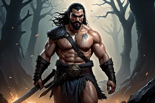 Prompt: Khal Drogo, Detailed DnD fantasy art of a heroic male goliath barbarian, black eyes, thick long tousled black hair, traditional detailed oil painting, detailed massive intricate muscles, low body fat, intricate detailed brown leather armour, detailed black belts, dramatic lighting, dark vibrant colors, high quality, game-rpg style, epic high fantasy, traditional art, dramatic dark lighting, heroic cleric, fascinating, high quality details, battlehammer in the hand, in a murky battlefield background, atmospheric lighting, highres, fantasy,  immersive, murky tones, medieval, mysterious, foggy, moody atmosphere, undead walking around