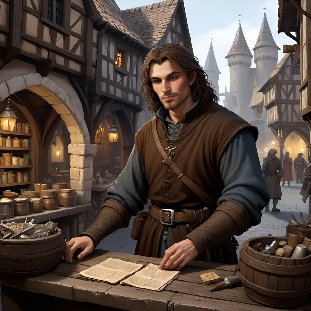 Prompt: Detailed DND merchant in medieval city landscape, darkbrown hair, rugged clothes, behind a sales table, many items on the table, murky lighting, medieval streets, medieval buildings, many inhabitants in background, high quality, detailed, medieval, fantasy, detailed hair, traditional, atmospheric lighting, detailed scenery