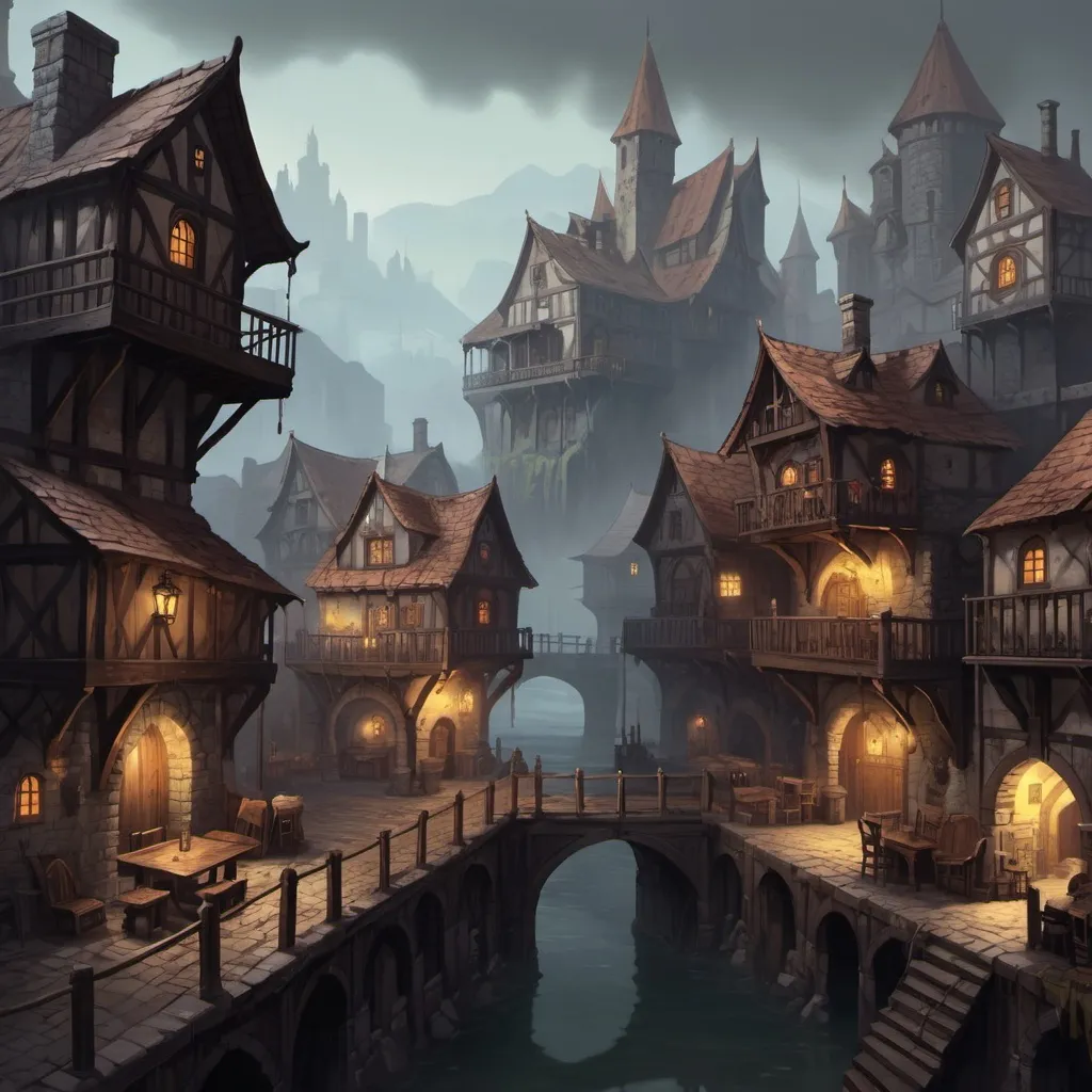 Prompt: DnD Fantasy landscape. City, Murky, Houses, Taverns