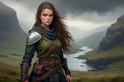 Prompt: Background in dramatic Scottish Highlands, dark vibrant colors, high quality, game-rpg style, epic high fantasy, traditional art, dramatic dark lighting, heroic fighter, fascinating, high quality details, atmospheric lighting, highres, fantasy,  immersive, murky tones, medieval, mysterious, foggy, moody atmosphere, broken Scottish Flag in the background, Sophie Skelton, Detailed DnD fantasy art of a cute heroic female fighter in the landscape, green eyes, thick long tousled darkbrown hair, traditional detailed oil painting, low body fat, intricate detailed typical Scottish mens clothes, detailed black belts