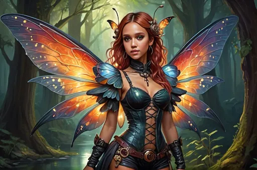 Prompt: Jessica Alba, Detailed, full body high-quality painting of a Dnd fairy, massive huge intricate dragonflywings with dark shimmering colors, cute facial traits, firered hair, steampunk outfit, magical forest setting, ethereal darkglowing aura, whimsical and enchanting, fantasy, fantastical, dark vibrant colors, gloomy and warm lighting