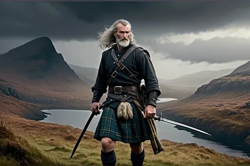 Prompt: Background in dramatic Scottish Highlands, dark vibrant colors, high quality, game-rpg style, epic high fantasy, traditional art, dramatic dark lighting, heroic fighter, fascinating, high quality details, atmospheric lighting, highres, fantasy,  immersive, murky tones, medieval, mysterious, foggy, moody atmosphere, broken Scottish Flag in the background, Graham McTavish, Kilt, Detailed DnD fantasy art of a heroic male fighter in the landscape, black eyes, thick long tousled grey hair, traditional detailed oil painting, low body fat, intricate detailed typical Scottish mens clothes, detailed black belts