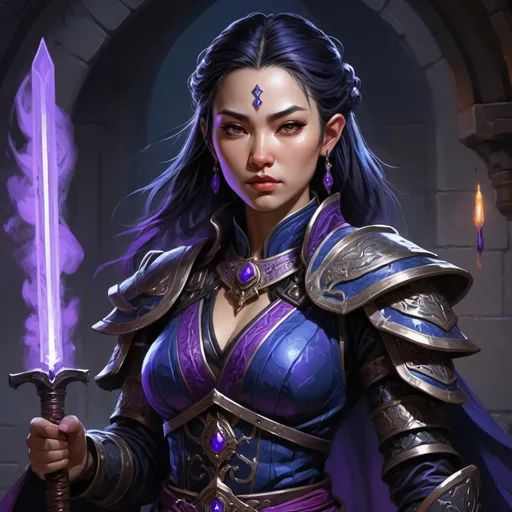 Prompt: Detailed DnD fantasy art of a heroic female dnd yuan-ti cleric, traditional detailed painting,  intricate black in Darkblue purple gown detailed black in black belts, dramatic lighting, vibrant colors, high quality, game-rpg style, epic fantasy, traditional art,  detailed dark leather armor, dramatic lighting, heroic cleric, vibrant colors, high quality details, 