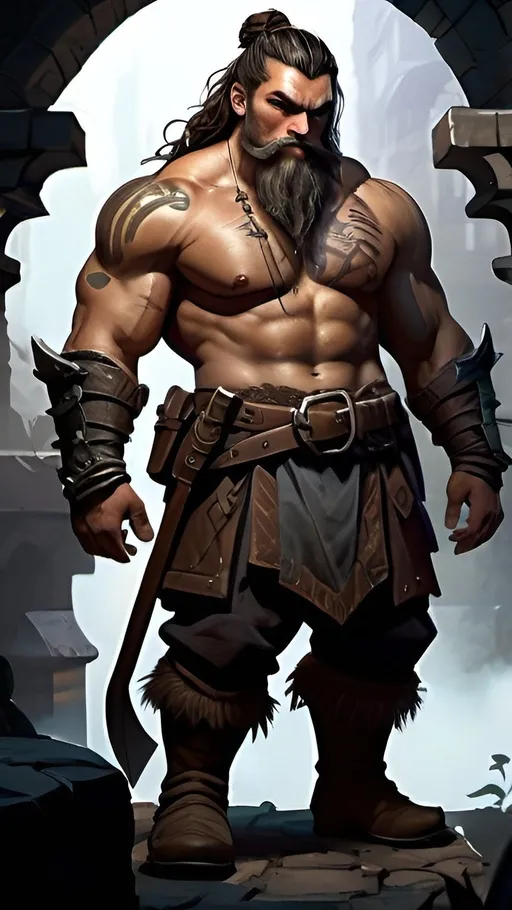 Prompt: Jason Momoa, Detailed DnD fantasy art of a heroic male dwarf dnd fighter, immensive thick long tousled brown hair, ponytail and undercut, fullbearded, muscular body, raditional detailed painting, detailed intricate full segmented armour, visible black boots,  dramatic lighting, vibrant colors, high quality, game-rpg style, epic high fantasy, traditional art, dramatic dark lighting, heroic fighter, fascinating, dark gloomy vibrant colors, high quality details,  in A Huge very detailed DnD fantasy dwarf undercity landscape with a murky ambiente, atmospheric lighting, highres, fantasy, detailed dwarf architecture, dwarf buildings, immersive, murky tones, medieval, mysterious, foggy, gloomy moody atmosphere, variant habitans in the city background,