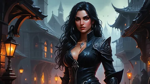 Prompt: Detailed DnD fantasy art of a pretty heroic female dnd Assassin, Amita Suman facial twin urgent, stunning facial traits, Amita Suman slender body twin, black eyes, thick long tousled black hair, small cleavage, slender body, traditional detailed oil painting, intricate small black in black leather armor,  detailed black belts, dramatic lighting, dark vibrant colors, high quality, game-rpg style, epic high fantasy, traditional art, detailed black leather armor, dramatic dark lighting, heroic assassin, fascinating, high quality details, Dagger in the hand in  a Huge very detailed DnD fantasy landscape with a murky city, detailed houses and taverns, atmospheric lighting, highres, fantasy, detailed architecture, immersive, murky tones, medieval, mysterious, foggy, bustling city, detailed alleys, ancient buildings, moody atmosphere