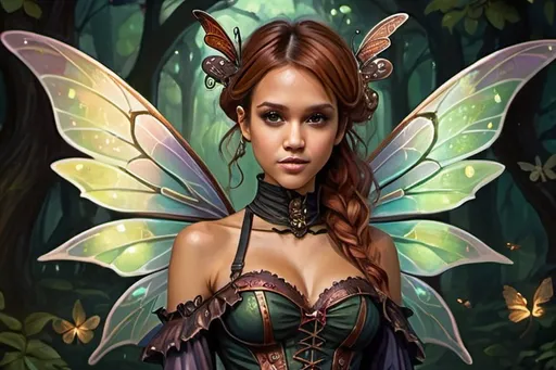 Prompt: Jessica Alba, Detailed, full body high-quality painting of a Dnd fairy, intricate dragonflywings with dark shimmering colors, cute facial traits, red hair, detailed victorian steampunk outfit, magical forest setting, ethereal darkglowing aura, whimsical and enchanting, fantasy, fantastical, dark vibrant colors, gloomy and warm lighting