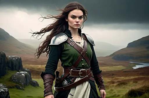 Prompt: Background in dramatic Scottish Highlands, dark vibrant colors, high quality, game-rpg style, epic high fantasy, traditional art, dramatic dark lighting, heroic fighter, fascinating, high quality details, atmospheric lighting, highres, fantasy,  immersive, murky tones, medieval, mysterious, foggy, moody atmosphere, broken Scottish Flag in the background, Detailed DnD fantasy art of Sophie Skelton a cute heroic female fighter in the landscape, green eyes, thick long tousled darkbrown hair, traditional detailed oil painting, low body fat, intricate detailed typical Scottish mens clothes, detailed black belts