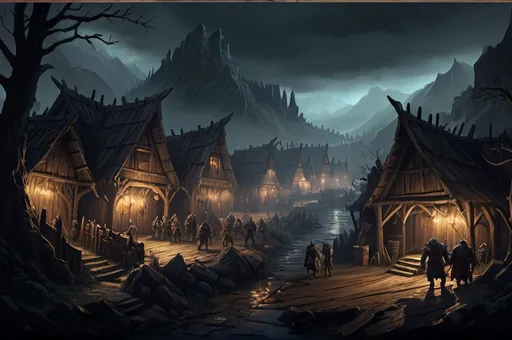 Prompt: Huge Faerun Wooden Landscape with dramatic lighting, human village, Dnd monsters who fight against adventurers, dark vibrant colors, high quality, game-rpg style, epic high fantasy, traditional art, dramatic dark lighting, fascinating, high quality details, in a murky background, atmospheric lighting, highres, fantasy,  immersive, murky tones, mysterious, foggy, moody atmosphere, orcs are doing raid