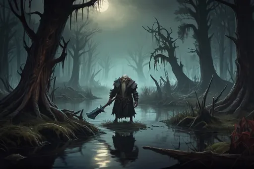 Prompt: Huge Faerun Wooden Landscape with dramatic lighting, swamps, Dnd monsters who fight against adventurers, dark vibrant colors, high quality, game-rpg style, epic high fantasy, traditional art, dramatic dark lighting, fascinating, high quality details, in a murky background, atmospheric lighting, highres, fantasy,  immersive, murky tones, mysterious, foggy, moody atmosphere, A dnd hag is lurking for victims, a troll is walking trough the swamp
