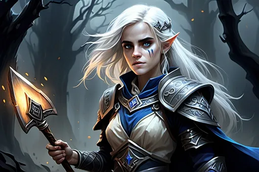 Prompt: Emma Watson, detailed DnD fantasy art of a pretty heroic female elven Selune cleric, bonnie facial traits, blue eyes, thick long tousled white hair, traditional detailed oil painting, intricate detailed darkblue full plate mail, midnightblue-silver shield with Selune symbol, detailed battlehammer in the hand, detailed black belts, Landscape with dramatic lighting, dark vibrant colors, high quality, game-rpg style, epic high fantasy, traditional art, dramatic dark lighting, heroic cleric, fascinating, high quality details, in a murky battlefield background surrounded by undeads, atmospheric lighting, highres, fantasy,  immersive, murky tones, medieval, mysterious, foggy, moody atmosphere, undead walking around