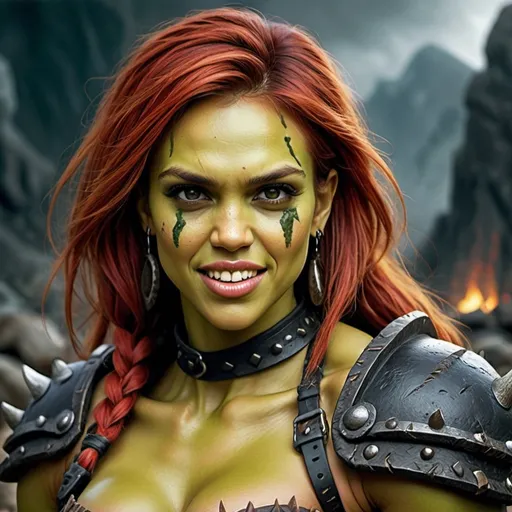 Prompt: Jessica Alba as female Orc, Detailed DnD fantasy art of a heroic female wild orc barbarian, cute facial traits, green skin, red hair, detailed outstanding visible boar teeth at the mouth, detailed outstanding visible tusks at the mouth, detailed fangs, traditional detailed painting, intricate small black leather armor, detailed black belts, dramatic lighting, dark vibrant colors, high quality, game-rpg style, epic fantasy, traditional art, detailed dark leather armor, dramatic lighting, heroic strong barbarian, fascinating dry muscles, large biceps, strong underarms, low body fat, vibrant colors, high quality details, impressive warhammer