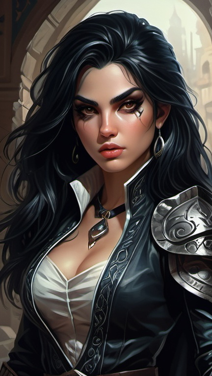 Prompt: Detailed DnD fantasy art of a pretty heroic female dnd Rogue, Inej Ghafa facial twin, lovely facial traits, darkbrown eyes, thick long tousled black hair, traditional detailed oil painting, intricate small black leather armor,  detailed black belts, dramatic lighting, dark vibrant colors, high quality, game-rpg style, epic high fantasy, traditional art, detailed black leather armor, dramatic dark lighting, heroic rogue, fascinating, high quality details, Dagger, murky urban arabic background