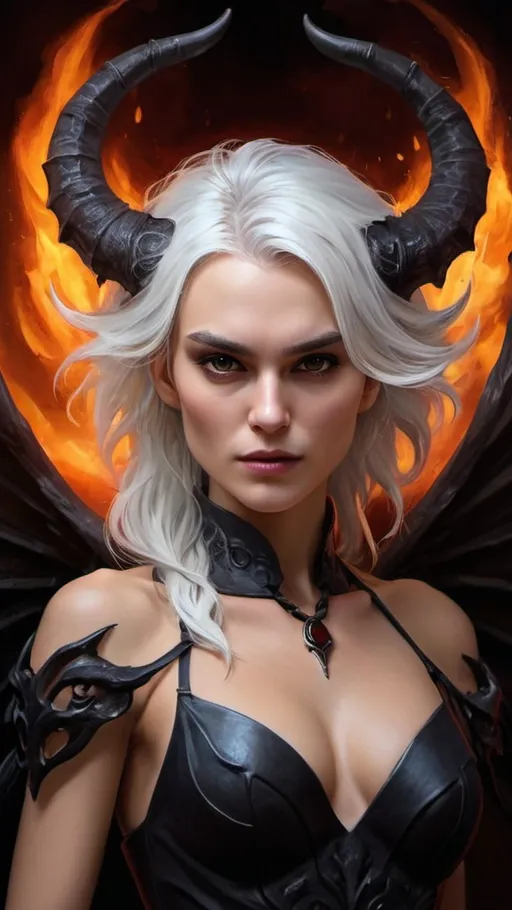 Prompt: Detailed digital painting of full body female Baldur's Gate 3 Demon Mizora, young Keira Knightley, stunning pretty but cute facial traits, bonewhite skin, immensive thick long tousled white hair with white wisps, tremendous huge and black demonwings, eight-pack bellyfree corsage, fiery and ominous atmosphere, high quality, digital painting, menacing demonic features, glowing eyes, intense expression, swirling background flames, dark and foreboding color tones, intricate horns, fiery backdrop, dramatic lighting