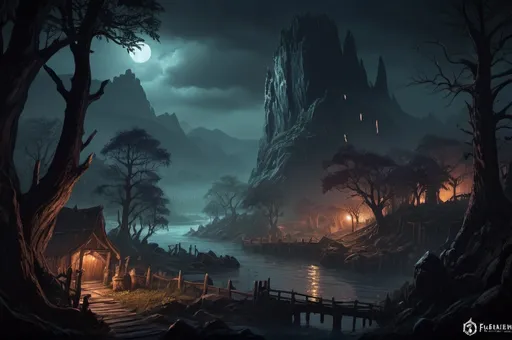 Prompt: Faerun Wooden Landscape with dramatic lighting, Dnd monsters who fight against adventurers, dark vibrant colors, high quality, game-rpg style, epic high fantasy, traditional art, dramatic dark lighting, fascinating, high quality details, in a murky background, atmospheric lighting, highres, fantasy,  immersive, murky tones, mysterious, foggy, moody atmosphere,