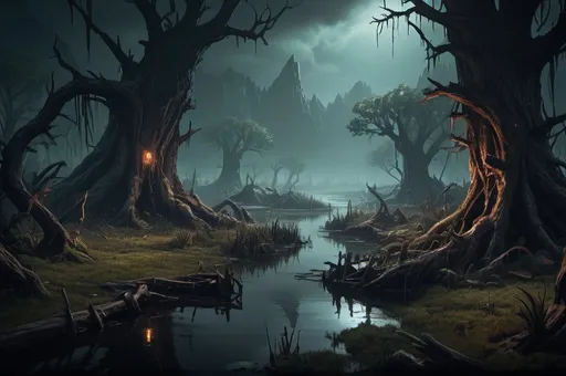 Prompt: Huge Faerun Wooden Landscape with dramatic lighting, swamps, Dnd monsters who fight against adventurers, dark vibrant colors, high quality, game-rpg style, epic high fantasy, traditional art, dramatic dark lighting, fascinating, high quality details, in a murky background, atmospheric lighting, highres, fantasy,  immersive, murky tones, mysterious, foggy, moody atmosphere,