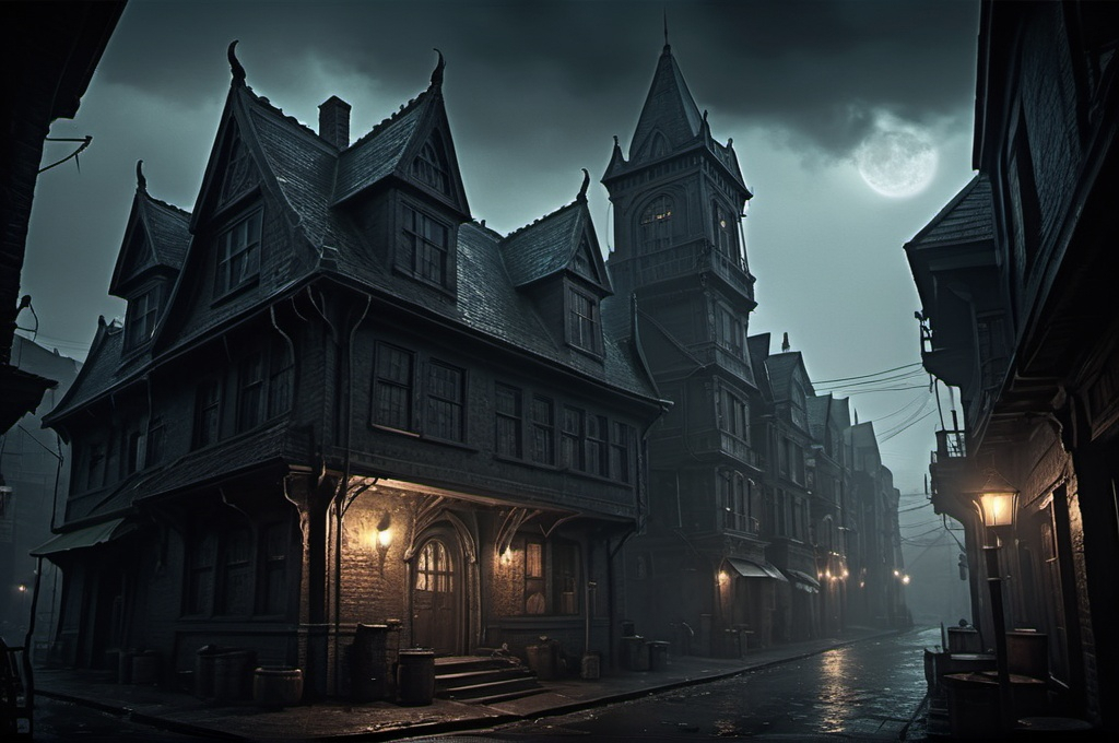 Prompt: Huge very detailed Cthulhu Dark fantasy landscape with a gloomy murky city, detailed houses and taverns, dark atmospheric lighting, highresolution, dark fantasy, detailed architecture, immersive, murky tones, dark eaarly 1920's mysterious, foggy, bustling city, detailed alleys, 1920's buildings, moody atmosphere, few mystic people hided in the shadows...Bhyakee monster is loitering around