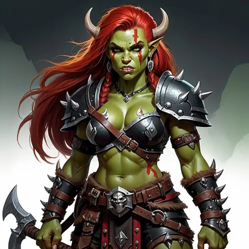 Prompt: Detailed DnD fantasy art of a cute heroic female dnd half orc barbarian, green skin, red hair, boar, teeth, detailed visible tusks, traditional detailed painting, intricate small black leather armor, detailed black belts, dramatic lighting, vibrant colors, high quality, game-rpg style, epic fantasy, traditional art, detailed dark leather armor, dramatic lighting, heroic barbarian, fascinating dry muscles, large biceps, strong underarms, low body fat, vibrant colors, high quality details, impressive warhammer in the hand
