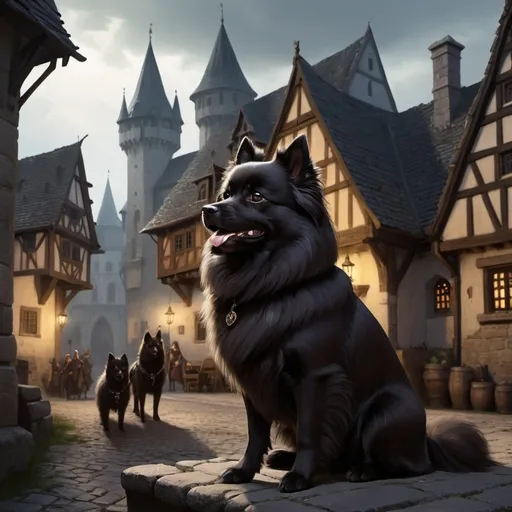 Prompt: Detailed DND halfing orphanage in medieval city landscape, dark brown hair, German black spitz sitting beside, murky lighting, medieval streets, medieval buildings, many inhabitants in background, high quality, detailed, medieval, fantasy, detailed hair, traditional, atmospheric lighting, detailed scenery