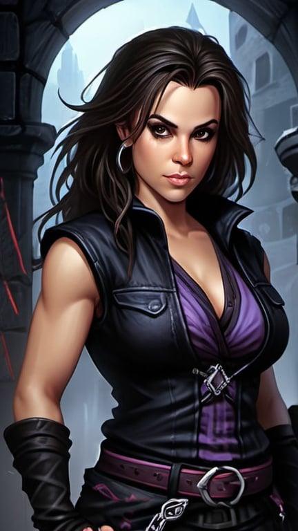 Prompt: Alyssa Milano, Detailed DnD fantasy art of a young pretty heroic female dnd Halfling Assassin, many thick long tousled dark brown hair, traditional detailed painting, intricate small black leather vest, purple chemise, detailed black belts, murky lighting, dark vibrant colors, high quality, game-rpg style, epic high fantasy, traditional art, detailed black fabric armor, dramatic gloomy lighting, heroic Assassin, fascinating, dark vibrant colors, high quality details, high quality detailed murky medivial urban background,