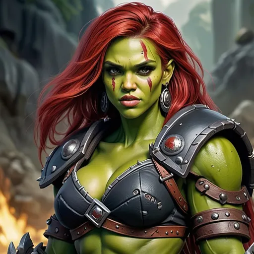 Prompt: Jessica Alba as female Orc, Detailed DnD fantasy art of a heroic female half orc barbarian, lovely facial traits, green skin, red hair, detailed visible boar teeth at the mouth, detailed visible tusks at the mouth, traditional detailed painting, intricate small black leather armor, detailed black belts, dramatic lighting, vibrant colors, high quality, game-rpg style, epic fantasy, traditional art, detailed dark leather armor, dramatic lighting, heroic barbarian, fascinating dry muscles, large biceps, strong underarms, low body fat, vibrant colors, high quality details, impressive warhammer in the hand