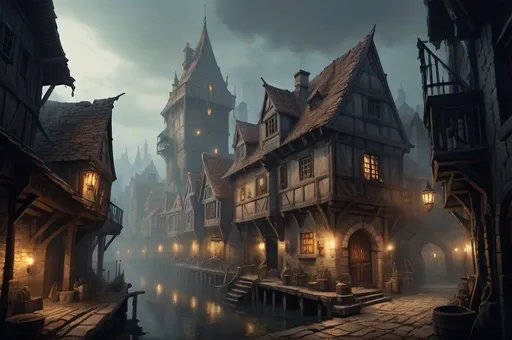 Prompt: Huge very detailed DnD fantasy landscape with a murky city, detailed houses and taverns, atmospheric lighting, highres, fantasy, detailed architecture, immersive, murky tones, medieval, mysterious, foggy, bustling city, detailed alleys, ancient buildings, moody atmosphere, with a small Detailed DnD fantasy art of a pretty heroic female dnd Rogue